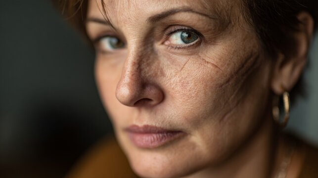 Close-Up Portrait of a Middle-Aged Woman with Surgical and Acne Scars on Her Face