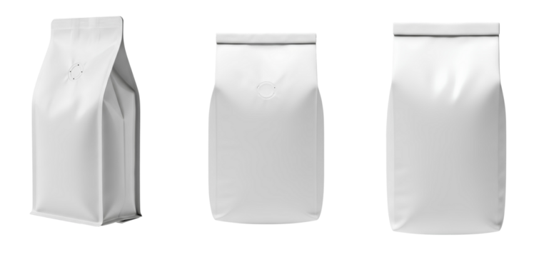 White Coffee Bag Mockup with and without Valve set PNG. Blank stand up pouch for coffee, isolated for product display. Realistic packaging template container different views PNG