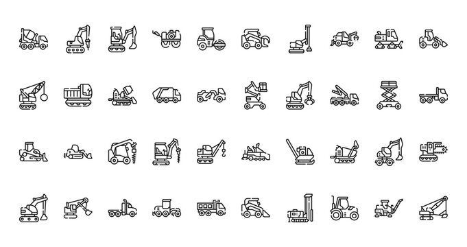 40 set of outline web construction vehicles icons such as hydraulic breaker, skid steer gr, demolition crane, boom lift, bulldozer, paver hine, excavator vector thin icons for report, presentation,