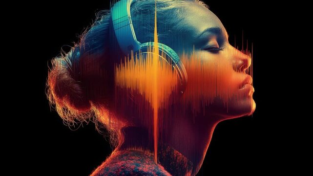Vibrant yellow and blue sound waves radiate from headphones as serene woman remains centered, dynamic oscillations captured in high-contrast dark void, 4K video footage
