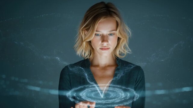 Focused woman interacting with hologram data radiating swirling blue energy, camera pans and booms up to capture her analytical expression and luminous tablet reactions, 4K video footage