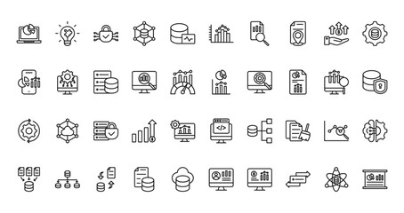 40 set of outline web data analytics icons such as problem solving, histogram, mobile analytics, statistics, system update, programming, data collection vector thin icons for report, presentation,