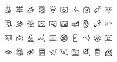40 set of outline web masketing and seo icons such as billboard, bug, content marketing, optimization, analysis, ad block, eye vector thin icons for report, presentation, diagram, web design, mobile