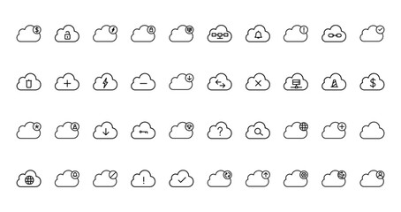 40 set of outline web cloud data icons such as unlock, cloud network, trash, cloud, password, help, cyberspace vector thin icons for report, presentation, diagram, web design, mobile app