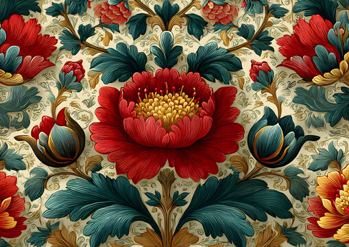 Seamless pattern with stylized ornamental flowers in retro, vintage style. Jacobin embroidery. Colored vector illustration isolated on white background.