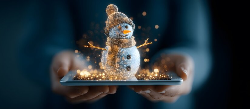 Hands displaying a digital snowman hologram. Technological Christmas concept. - Powered by Adobe
