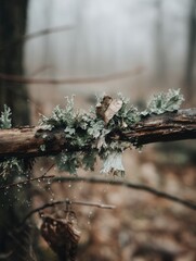 Lichen Growing on Branch in Misty Forest Close Up Shot Nature Detail Outdoors Woodland Environment
