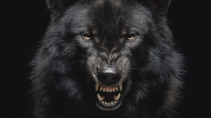 Intense Close Up of Black Wolf Growling with Sharp Teeth on Black Background Studio Shot Aggressive Animal Portrait
