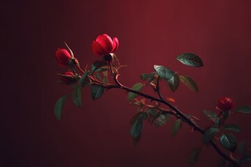 Moody Roses on Branch Close Up Dark Red Background Romantic Still Life Style Floral Photography