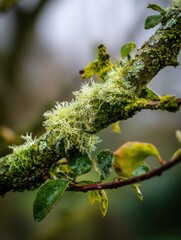 Moss and Lichen Growing on Tree Branch Close Up Still Life Nature Photography in Pacific Northwest Forest