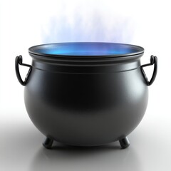 Black cauldron bubbling with blue liquid and steam on white background studio shot Halloween concept witch brew potion
