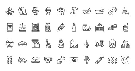 Naklejka premium 40 set of outline web baby icons such as breast pump, shampoo, fairy tale, l aspirator, stroller, puzzle, cutlery vector thin icons for report, presentation, diagram, web design, mobile app