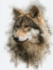 Majestic Wolf Portrait with Watercolor Effect in Forest, Close-Up, Wildlife Photography, Animal Kingdom