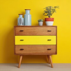 Mid-century modern dresser with vases and plants against a yellow wall, studio shot, home decor, interior design, bright and colorful