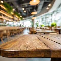 Wooden table surface in restaurant interior with blurred background and soft lighting for product placement and food photography