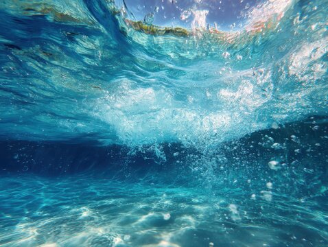 Underwater view of ocean wave breaking with bubbles and sunlight creating patterns on sand bottom tropical location