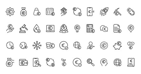 40 set of outline web euro icons such as money bag, money exchange, euro, innovation, time is money, euro, earning vector thin icons for report, presentation, diagram, web design, mobile app