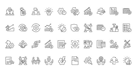 40 set of outline web business management icons such as initiative, process, challenge, security, strategy, focus, plan vector thin icons for report, presentation, diagram, web design, mobile app