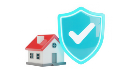 House protected by shield with checkmark isolated on transparent background