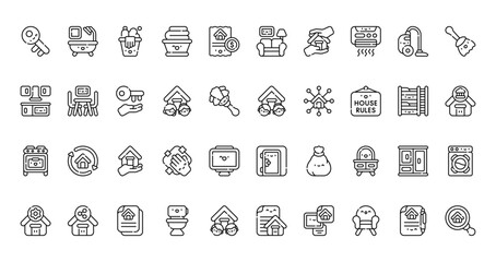 40 set of outline web shared flat icons such as bathroom, living room, kitchen, room mate, stove, room, maintenance vector thin icons for report, presentation, diagram, web design, mobile app