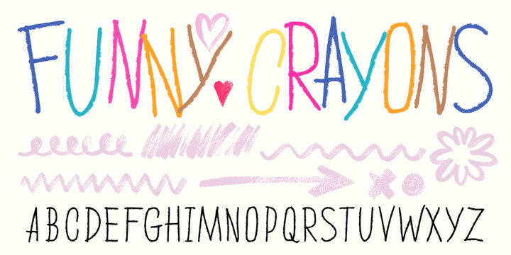 Funny kids crayon font alphabet with colorful hand drawn letters. Playful childish typography for school design. Funky chalk texture doodle typeface with cute cartoon style vector illustration.