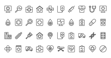 40 set of outline web medical icons such as search, blood bag, liquid, computer, hospital, infuse, plaster vector thin icons for report, presentation, diagram, web design, mobile app
