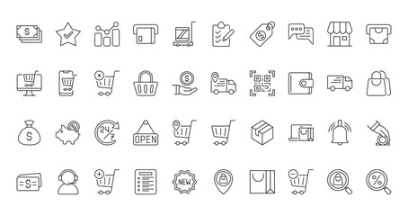 40 set of outline web commerce icons such as best seller, checklist, online shopping, delivery truck, money sack, trolley, money card vector thin icons for report, presentation, diagram, web design,
