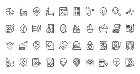 40 set of outline web health body and mind icons such as medicine, capsule, medical record, candle, happy face, mortality, juice vector thin icons for report, presentation, diagram, web design,
