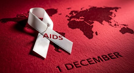 World aids day concept with white ribbon and world map on red background