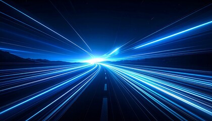 Light streaks speed along dark road. Bright glow ahead amidst blurred lines in night sky, a futuristic scene unfolds
