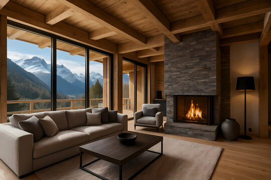 A cozy chalet with a fireplace and large windows. The windows overlook the mountains and the forest.