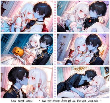 アルビノの少女とゾンビになった恋人。横長動画のサムネイルにも使える漫画風のAIイラスト6枚セット