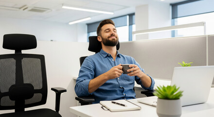 Man sitting in black office chair, holding mug, eyes closed, smiling, representing relaxation and focus, near laptop, plant, notepad on white desk