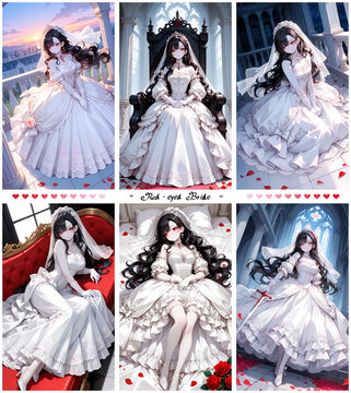 ウェディングドレスを着た妖艶な美女。縦長動画のサムネイルにも使える漫画風のAIイラスト(縦2048px/横1228px)6枚セット
