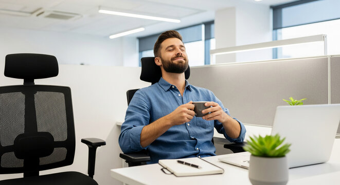 Man sitting in black office chair, holding mug, eyes closed, smiling, representing relaxation and focus, near laptop, plant, notepad on white desk