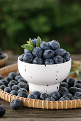 Fresh Blueberries in White Bowl Still Life with Water Drops on Rustic Wood
