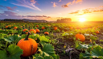 Pumpkin Patch at Sunset - A Vibrant Autumn Harvest Scene.