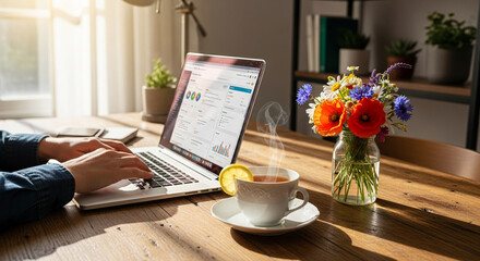 Image shows hands typing on a laptop, with tea and flower on wooden table, symbolizing work, relaxation, and productivity at home environment