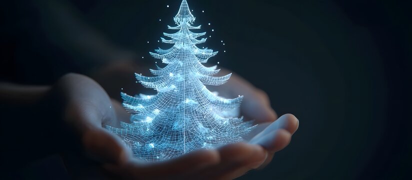 Hands displaying a digital Christmas tree hologram. Technological Christmas concept.