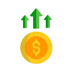 Obraz premium Rapid Financial Growth. A flat icon featuring a gold dollar coin with three green arrows pointing upwards.