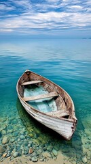 Weathered Wooden Rowboat in Calm Shallow Water