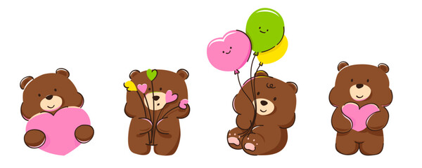 Collection of cute baby bears with sweet hearts hand drawn.