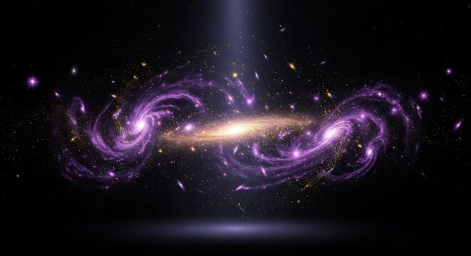 Vibrant purple and gold galaxy with swirling cosmic dust and bright stars against a dark starry background