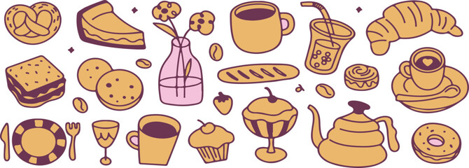Assorted Doodle Style Pastries and Breakfast Foods | Cute Cartoon Vector Illustrations for Cafe Menus, Bakery Designs and Food Blogging