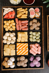 Hot Pot Ingredients Variety Box with Meatballs Sausages Tofu and Vegetables for Asian Cooking