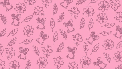 Hand Drawn Pink Floral Doodle Pattern with Leaves and Flower Vases Background