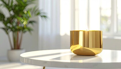 Close Up Gold Pot Centered on White Marble Table with Green Plant and Natural Light Streaming Through Window