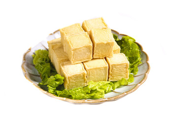 Fresh Tofu Cubes on Plate with Lettuce Garnish - Healthy Asian Vegetarian Protein Ingredient