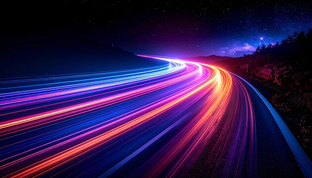 Light trails along a dark winding road under a starry sky, edge of a forest visible on right