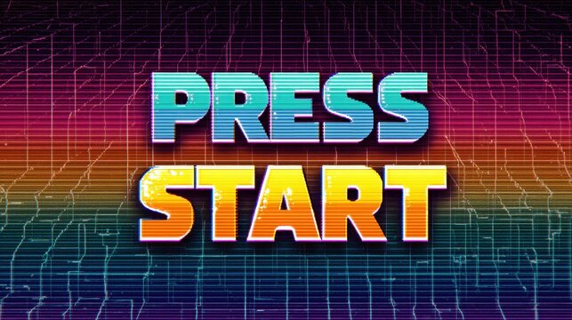 Neon Press Start text glowing on a colorful retro grid in a vibrant scene reminiscent of classic gaming arcade vibes - Powered by Adobe